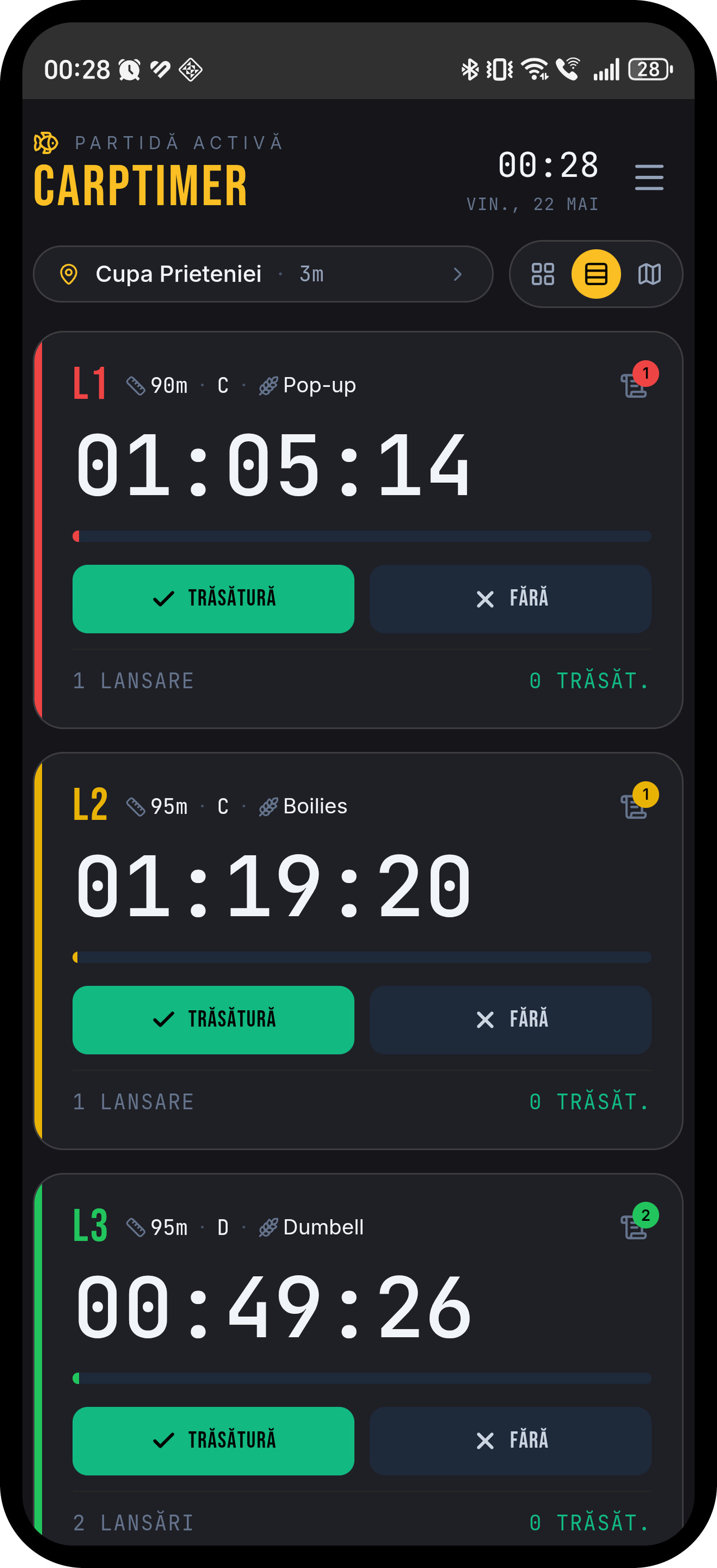 CarpTimer — listă lansete cu cronometre per rod